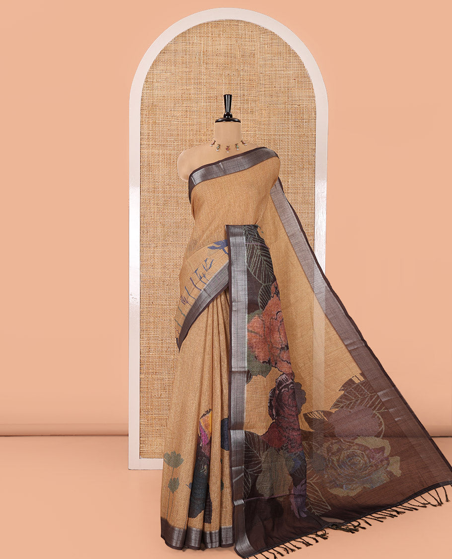 Mustard Linen Cotton Saree, Adorned with Tropical Floral Print on Its Body, Complemented by a Contrast Plain Border, Floral Printed Pallu, and Paired with a Contrast Blouse
