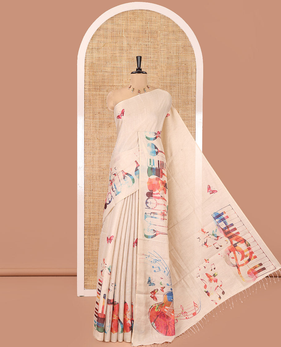 Borderless Gold Tissue Saree, Artfully Detailed with Butterfly and Musical Instruments Printed on Its Body, Self-Pallu of Butterfly and Musical Instruments Print, and Paired with a Matching Blouse