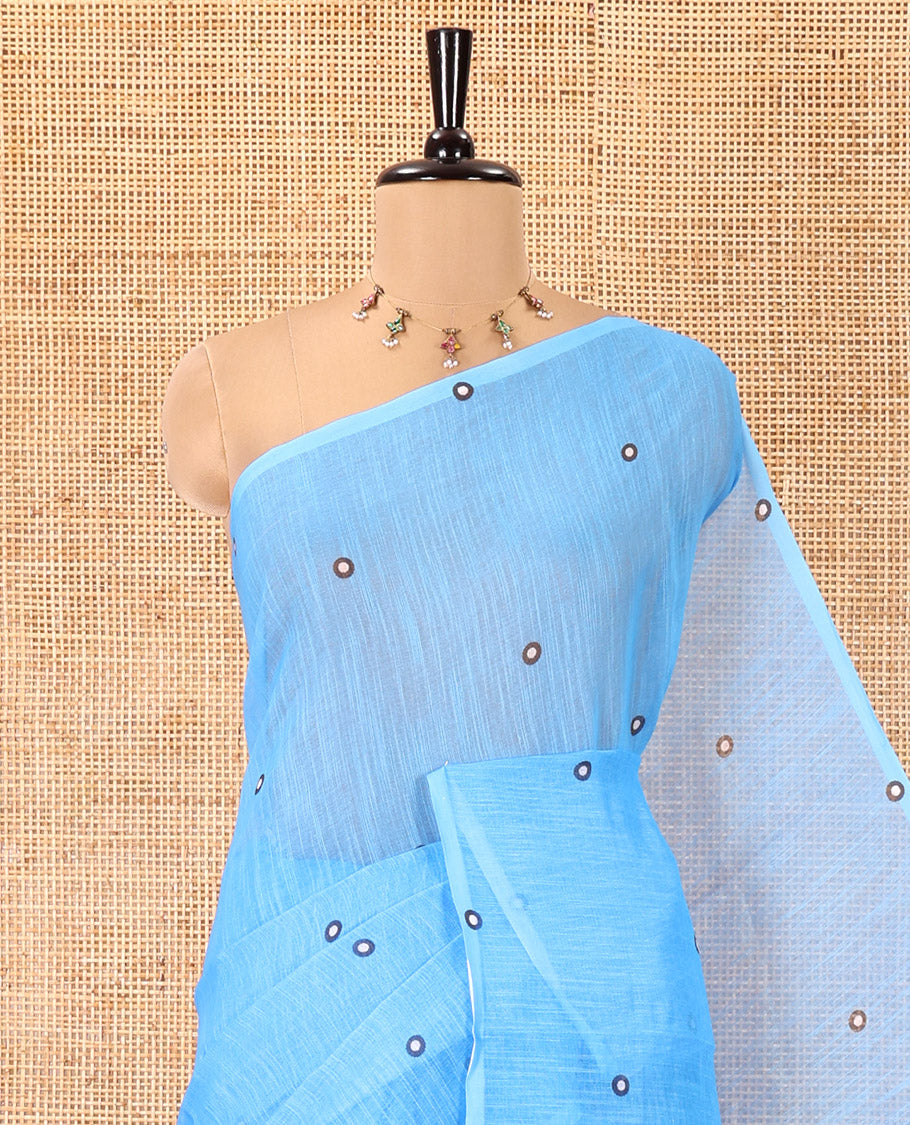 Borderless Blue Linen Cotton Saree, Adorned with Polka Dot Print, Contrast Geometric Printed Pallu, and Paired with a Contrast Blouse