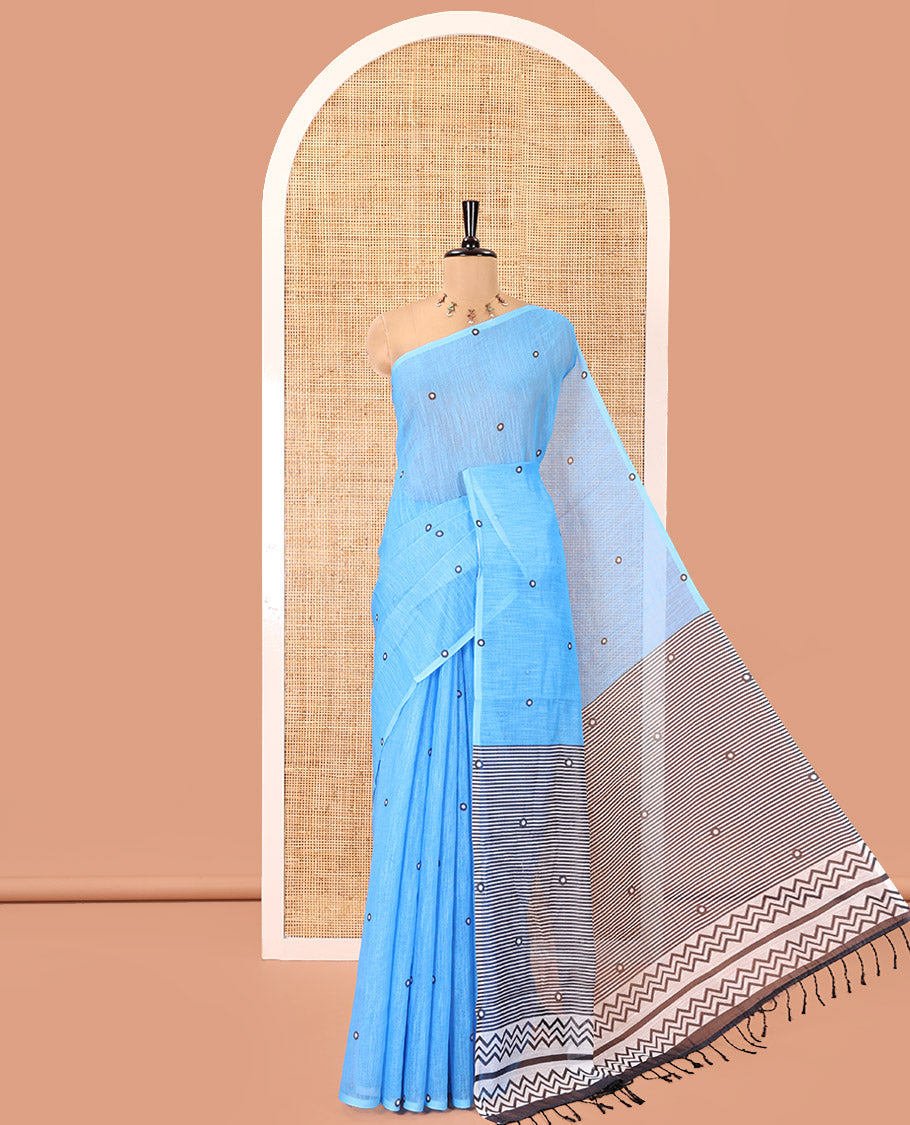 Borderless Blue Linen Cotton Saree, Adorned with Polka Dot Print, Contrast Geometric Printed Pallu, and Paired with a Contrast Blouse