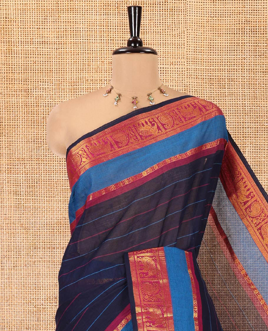 Navy Blue Chettinad Cotton Saree, Adorned with Stripes All Over Its Body, Complemented by Contrast Rettai Pettu Traditional Zari Design Border, Striped Pallu, and Has No Blouse