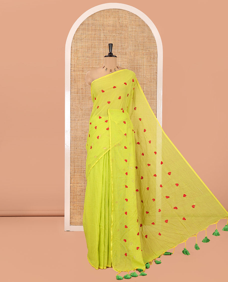 Borderless Parrot Green Mul Cotton Saree, Delicately Woven with Heart Motifs Embroidered All Over Its Body, a Self-Pallu, and Paired with a Matching Blouse
