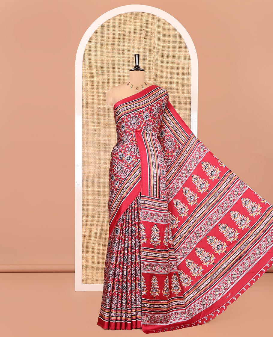 Maroon Satin Crepe Saree, Accentuated with Intricately Ajrakh Print All Over Its Body, a Self-Border, Ajrakh Printed Pallu, and Paired with a Matching Blouse