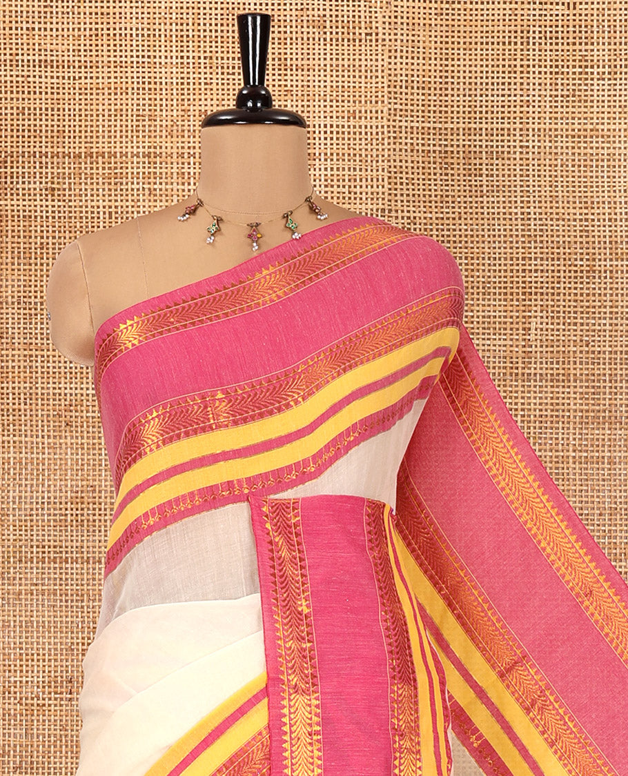 Cream Plain Khadi Mul Cotton Saree, Complemented by a Contrast Traditional Zari Varisai Pettu Border, and a Matching Blouse
