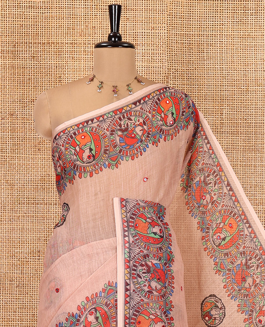 Beige Linen Cotton Saree, Artfully Printed with Madhubani Motifs and Mirrorwork, Printed Border, and a Matching Blouse