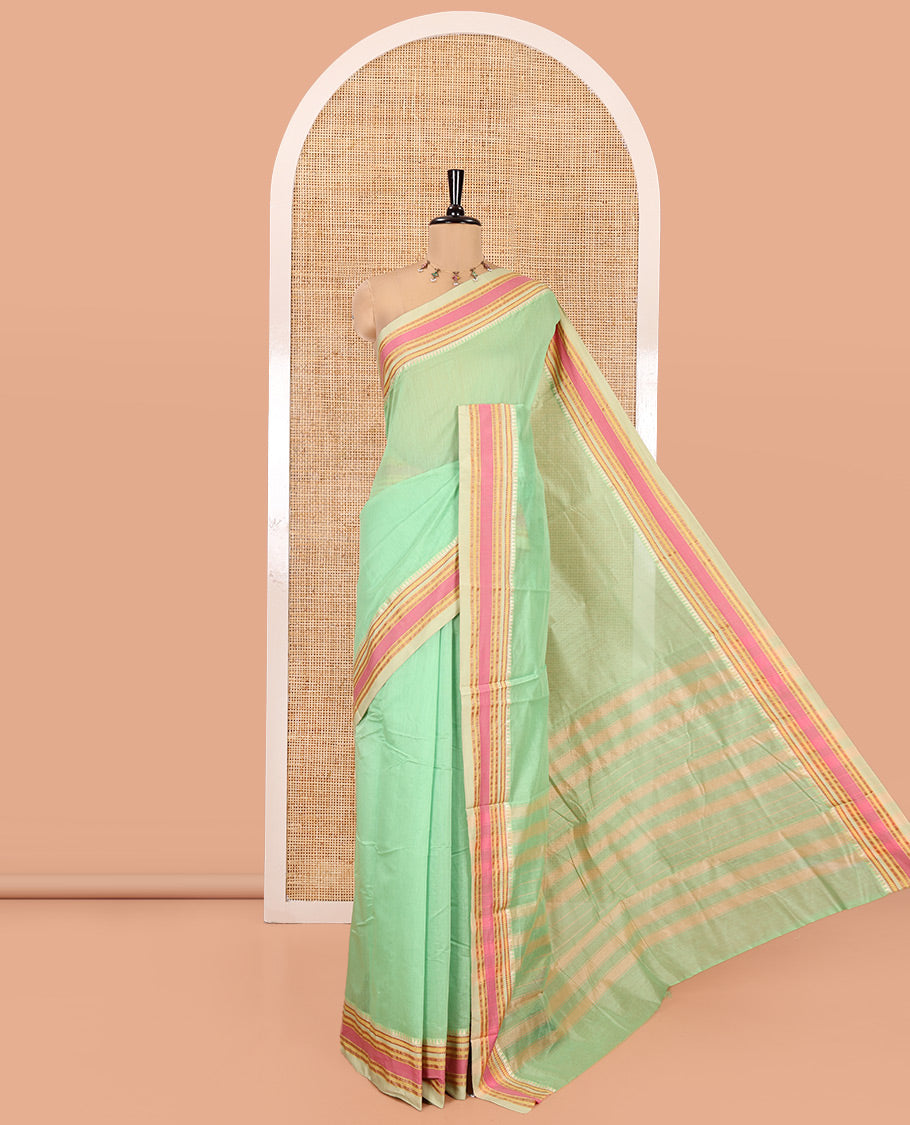Parrot Green Plain Mercerised Cotton Saree, Complemented by Contrast Traditional Border, Striped Pallu, and a Matching Blouse