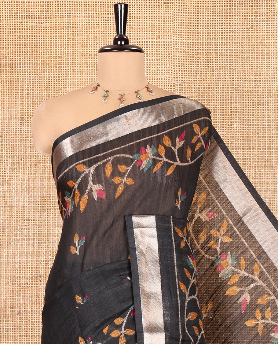 Black Jute Linen Saree Features Jamdani Floral Motifs, a Zari Border, Pallu of Jamdani Floral Design, and a Plain Blouse