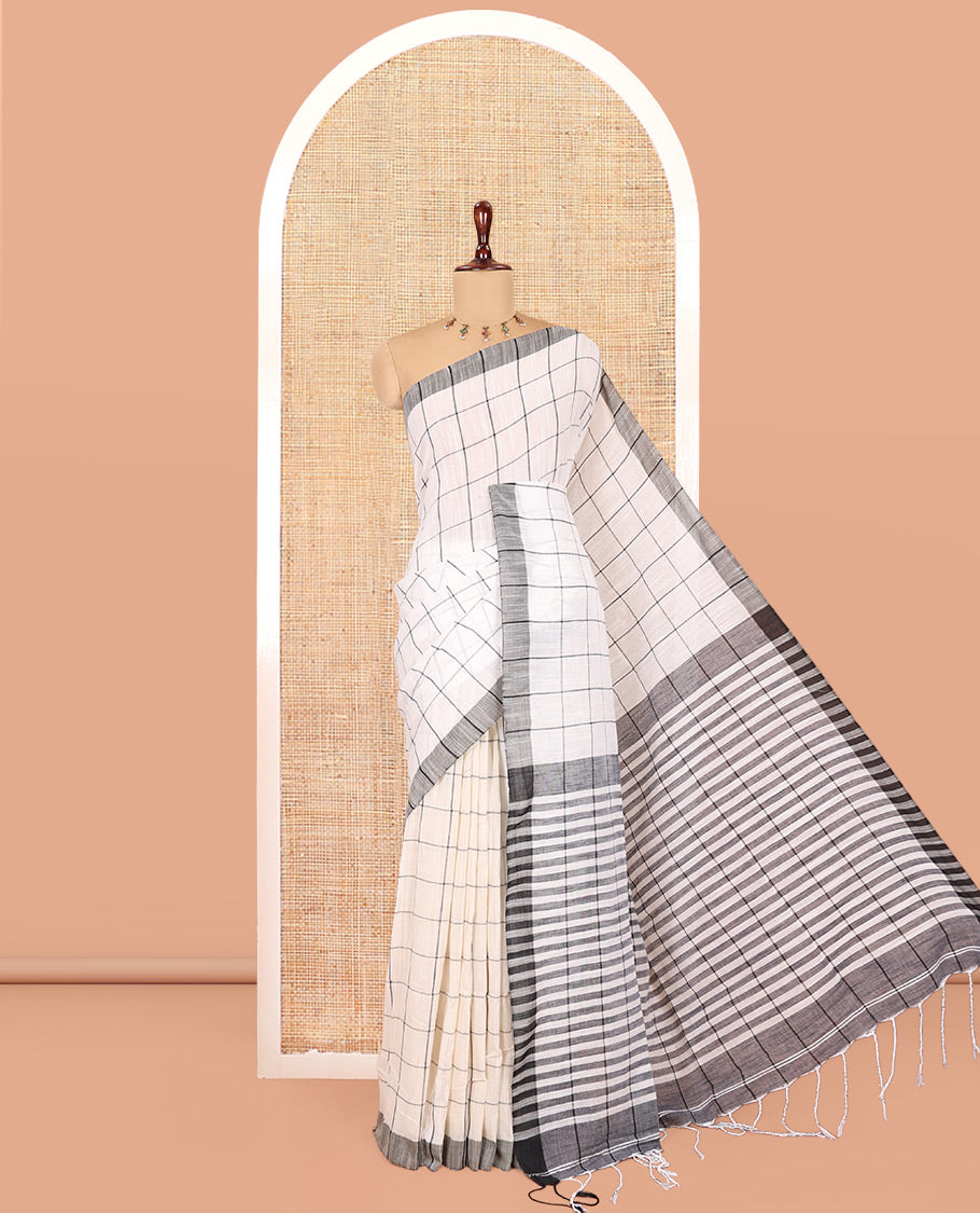 White Checked Khadi Linen Saree, a Contrast Border, Striped Pallu, and Matching Blouse