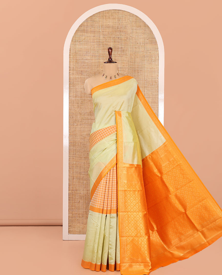 Pista Green Semi-Kanchi Silk Saree, Adorned with Buttas and Checks, a Contrast Traditional Border, Jaal Pallu, and a Contrast Blouse