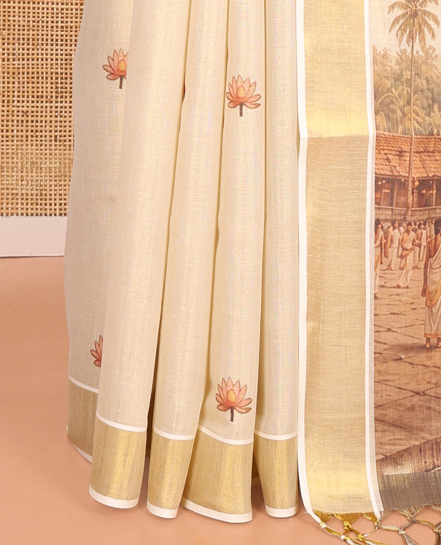 Gold Kerala Cotton Saree, Accentuated with Flower Motif Print, a Zari Border, Pallu of Temple Motifs, and a Contrast Blouse