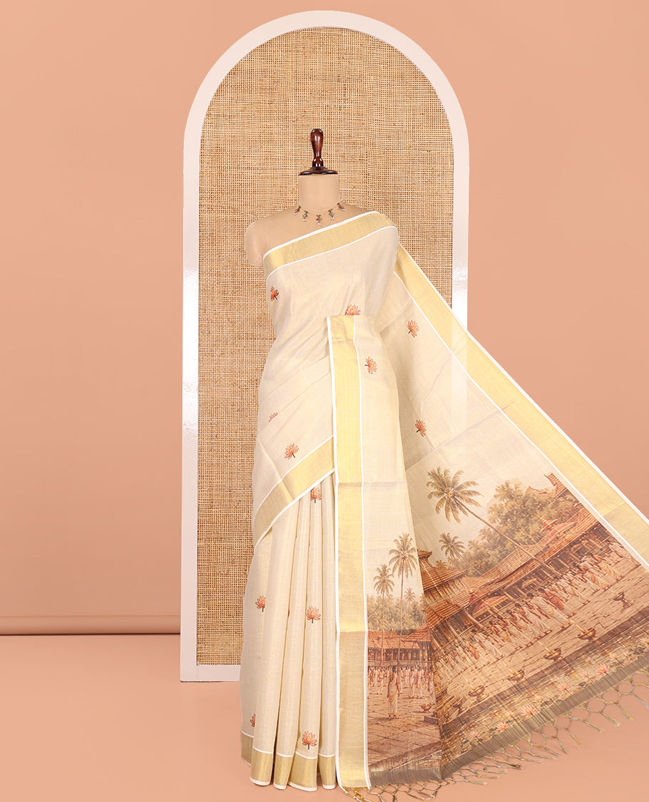 Gold Kerala Cotton Saree, Accentuated with Flower Motif Print, a Zari Border, Pallu of Temple Motifs, and a Contrast Blouse