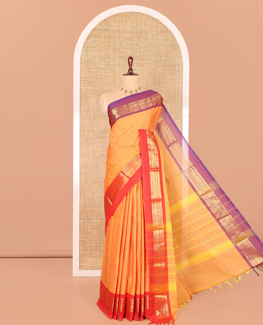 Mustard Plain Chettinad Cotton Saree, a Contrast Kal Eragina Traditional Ganga-Jamuna Border, Striped Pallu, and a Matching Blouse