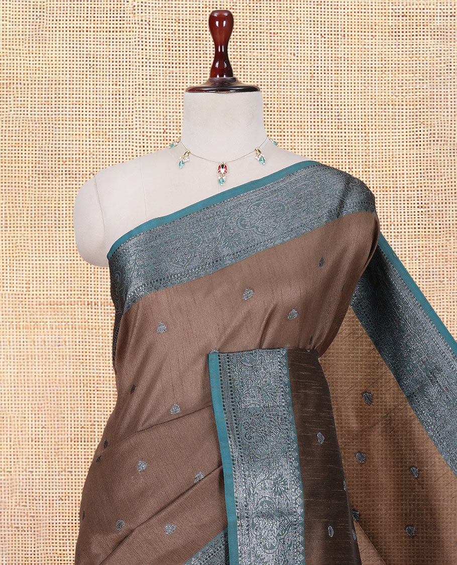 Brown Semi-Raw Silk Saree Features Thread Buttas, Contrast Intricate Border, Striped Pallu, and a Contrast Blouse