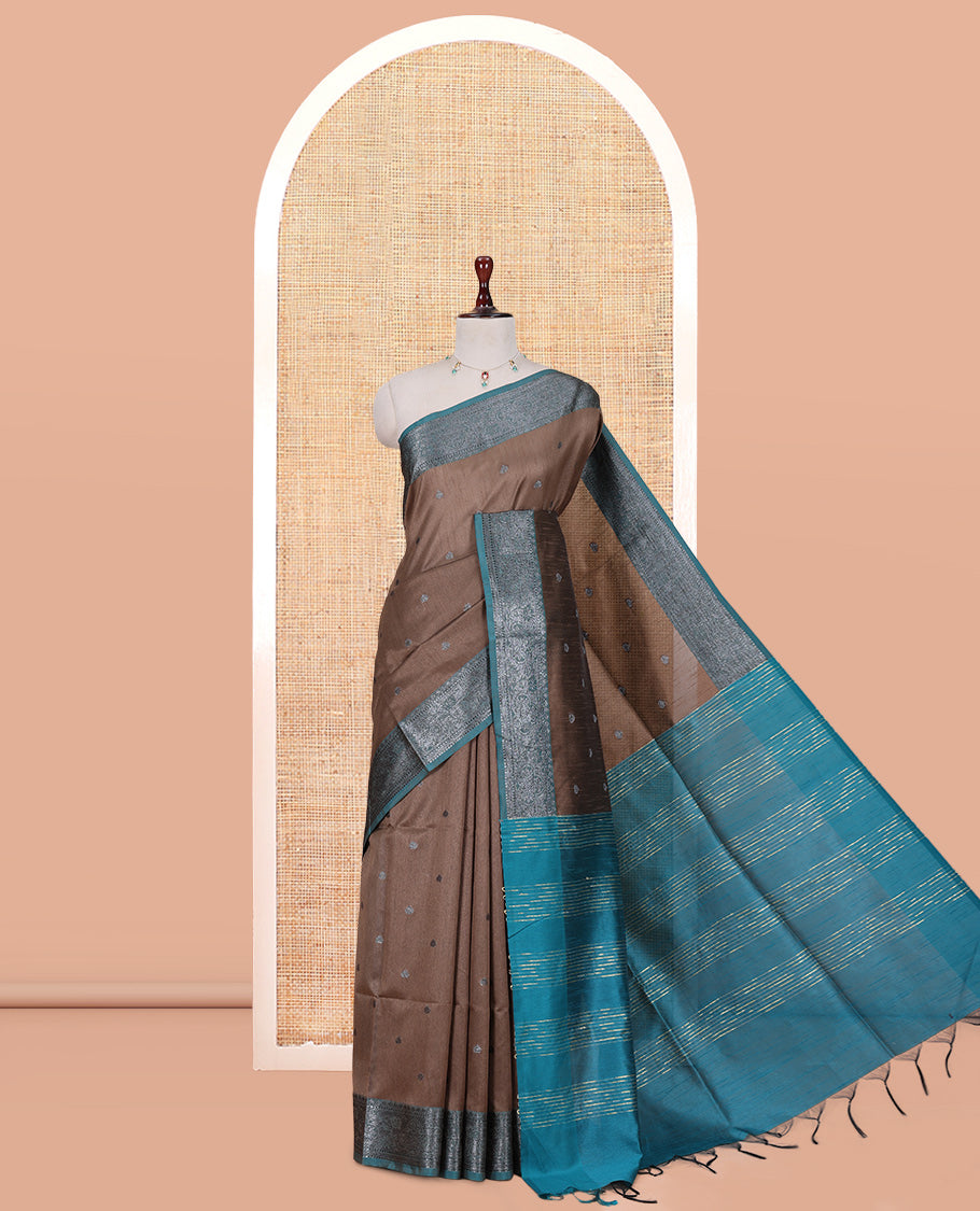 Brown Semi-Raw Silk Saree Features Thread Buttas, Contrast Intricate Border, Striped Pallu, and a Contrast Blouse