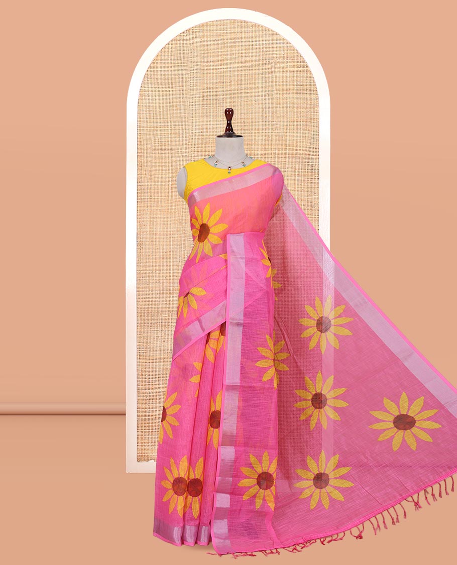 Rani Pink Linen Cotton Saree, Beautified with Sunflower Print, a Zari Border, and a Matching Blouse