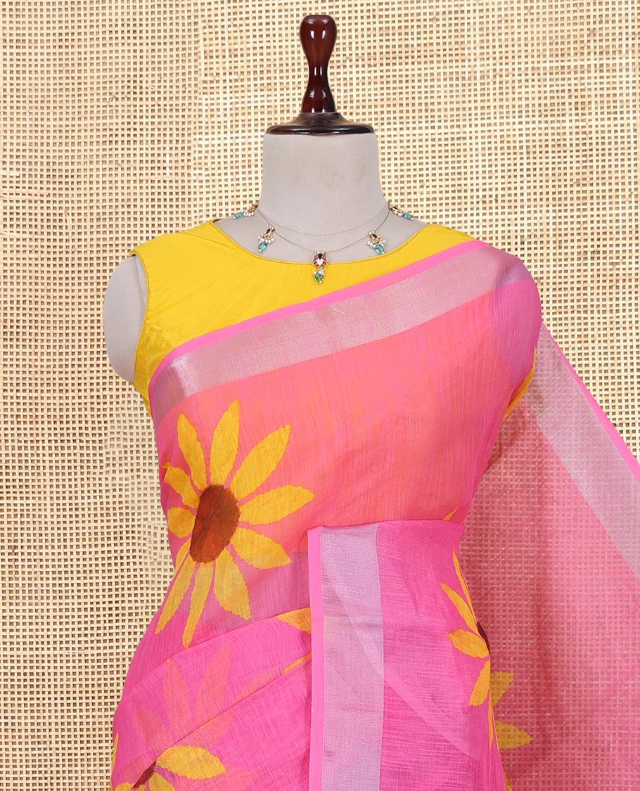 Rani Pink Linen Cotton Saree, Beautified with Sunflower Print, a Zari Border, and a Matching Blouse