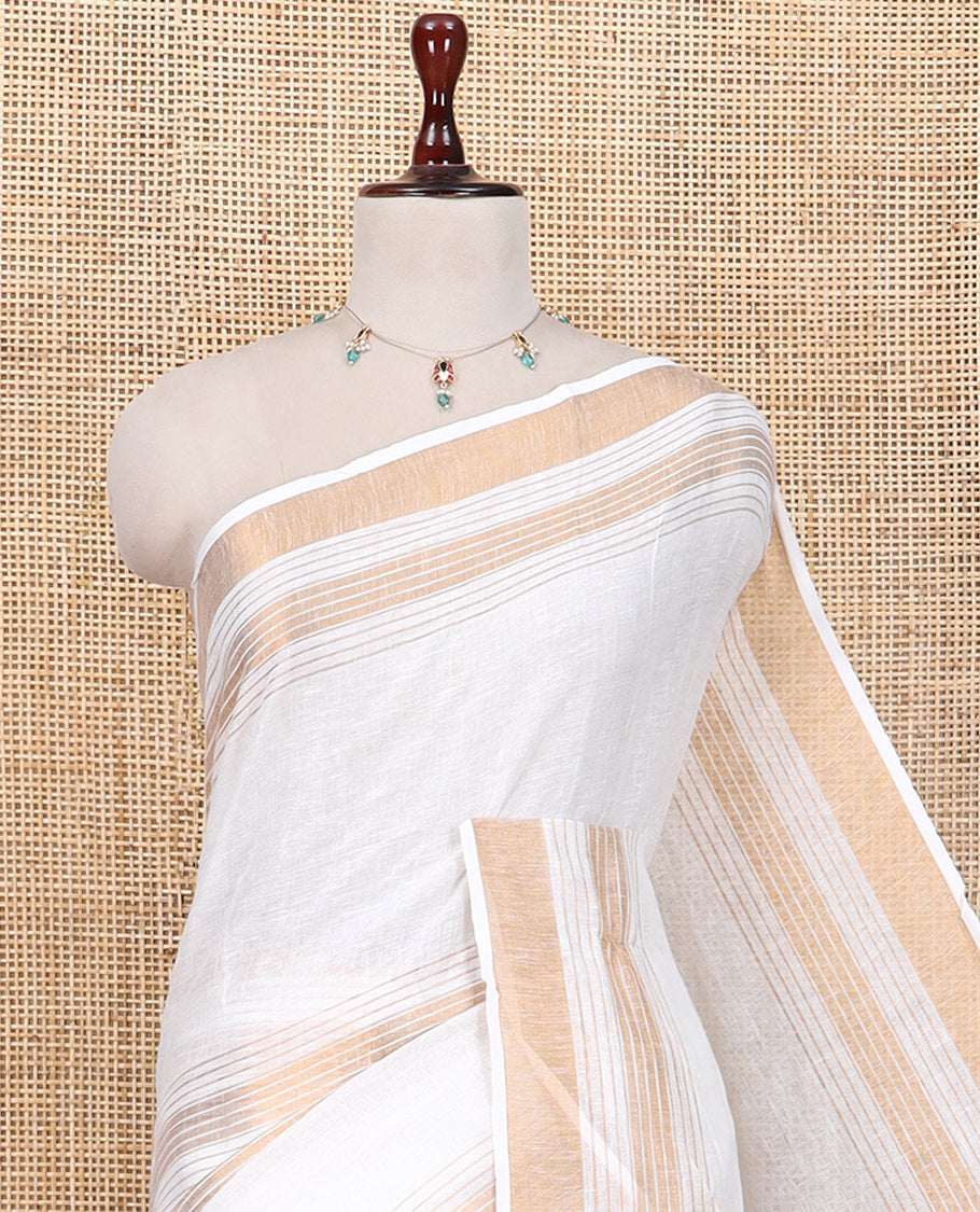 White Linen Saree, Subtly Sparkled with Stripes, a Subtle Zari Border, Striped Pallu, and a Matching Blouse