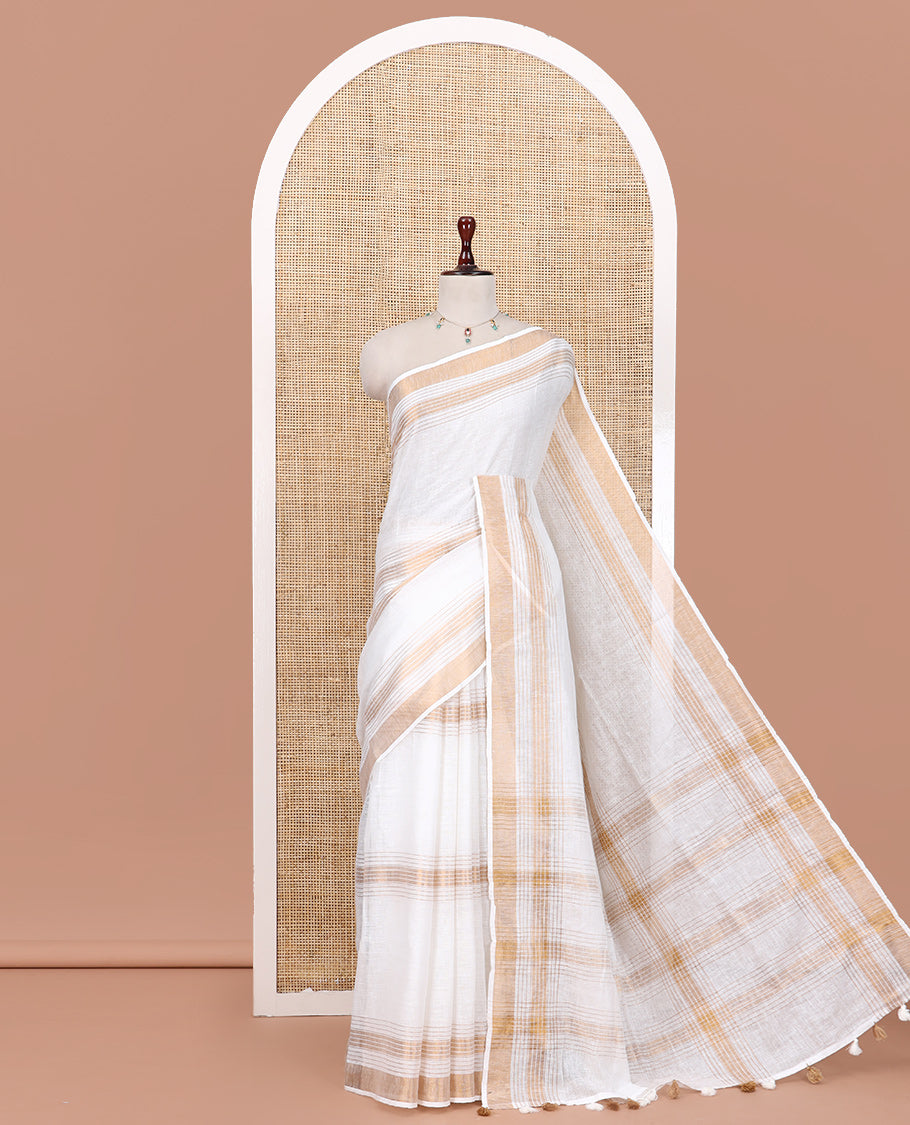 White Linen Saree, Subtly Sparkled with Stripes, a Subtle Zari Border, Striped Pallu, and a Matching Blouse