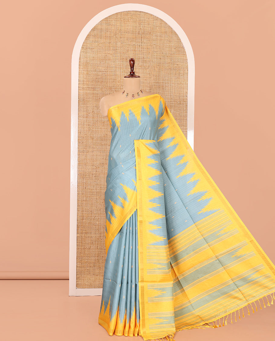Teal Green Katan Silk Saree Features Buttas, Complemented by Contrast Temple Zari Border, Striped Pallu, and a Contrast Blouse