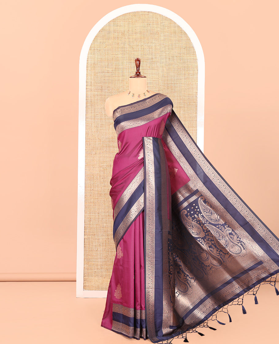 Purple Elite Soft Silksaree Features Buttas, Contrast Rettai Pettu Border, Paisley Pallu, Contrast Blouse