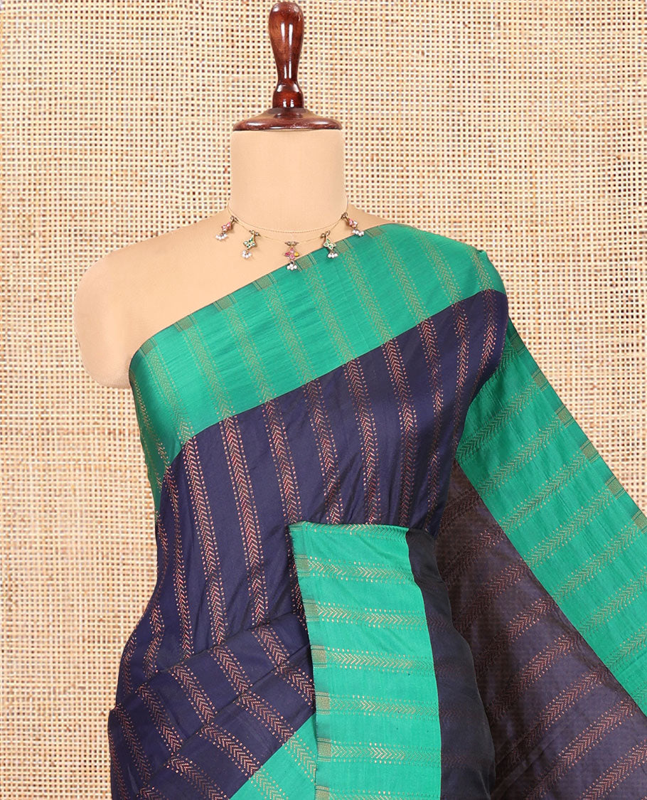 Navy Blue Semi-Soft Silk Saree, Elevated with Chevron Stripes, Complemented by a Contrast Zari Striped Border, and a Contrast Blouse