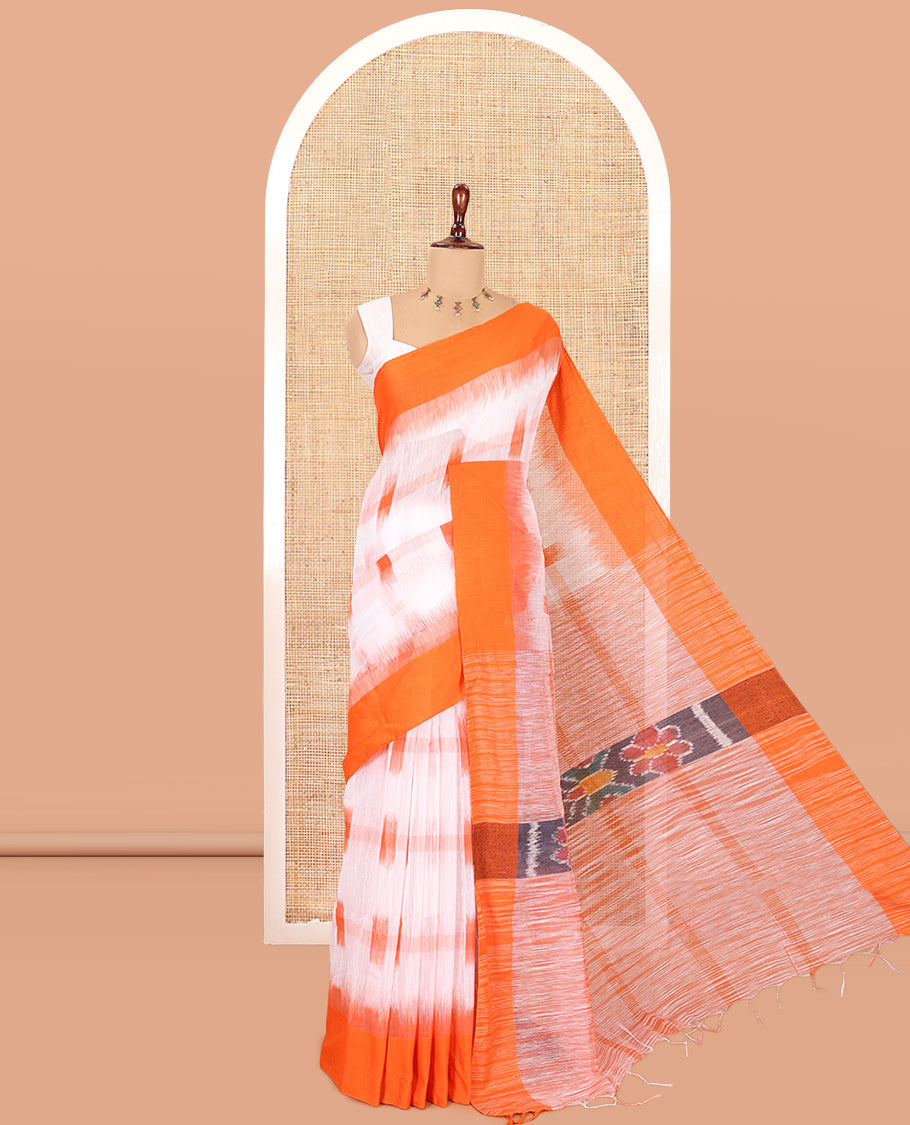 White-Orange Khadi Cotton Saree, Woven with Ikat Buttas, Contrast Blouse, Ikat Pallu, Matching Blouse