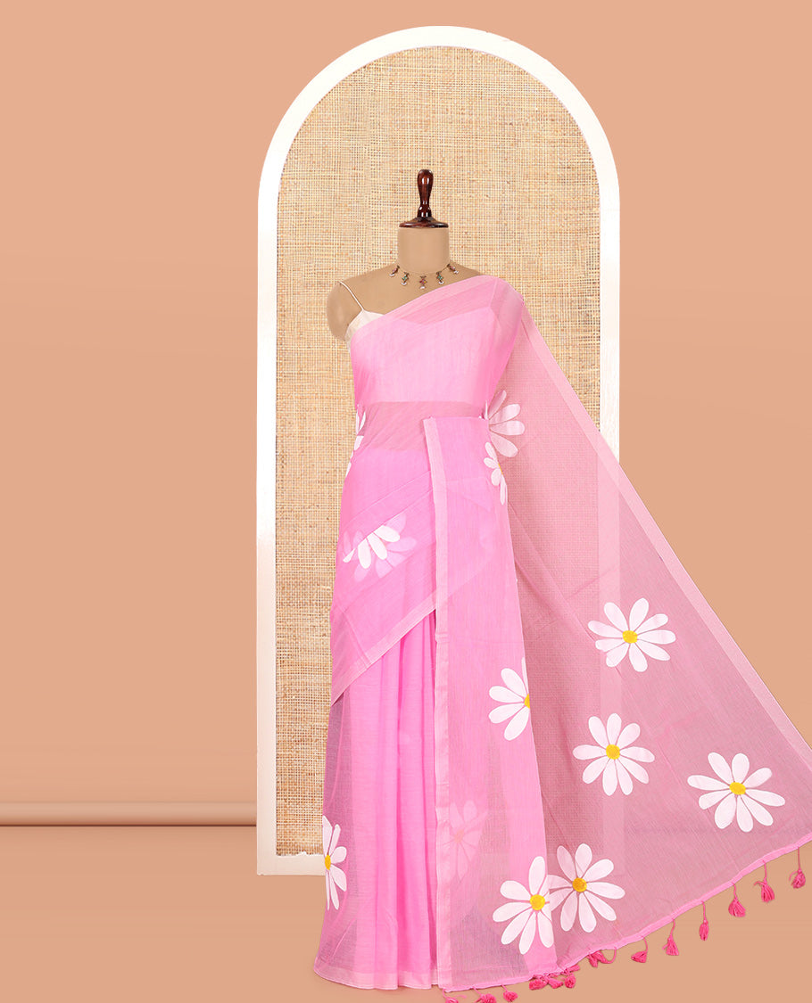 Borderless Pink Daisy Flower Printed Khadi Mul Cotton Saree Without Blouse