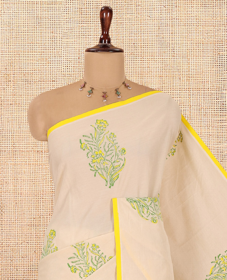 Borderless Chikku South Cotton Saree Features Floral Block-Printed Motifs, a Contrast Blouse