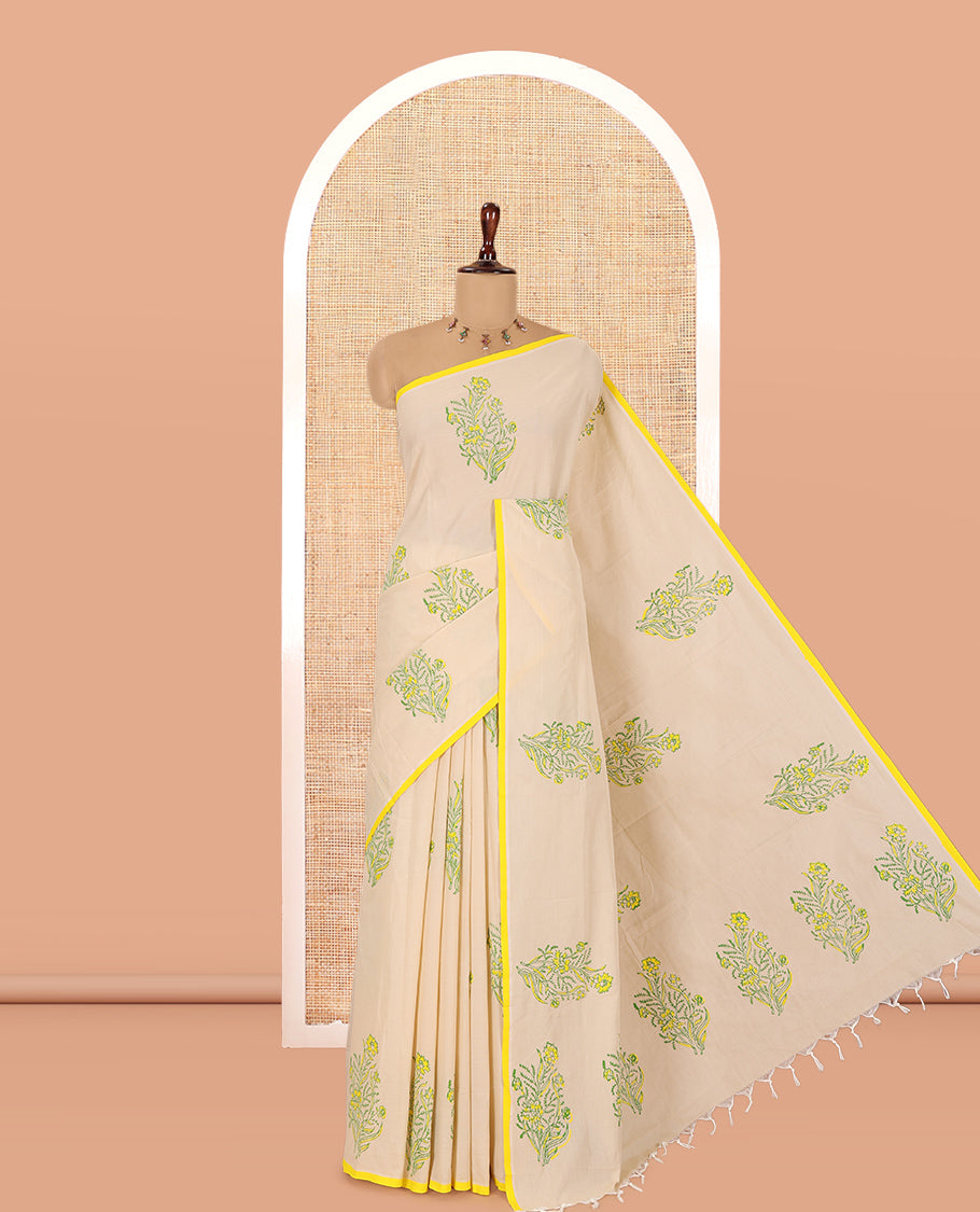 Borderless Chikku South Cotton Saree Features Floral Block-Printed Motifs, a Contrast Blouse