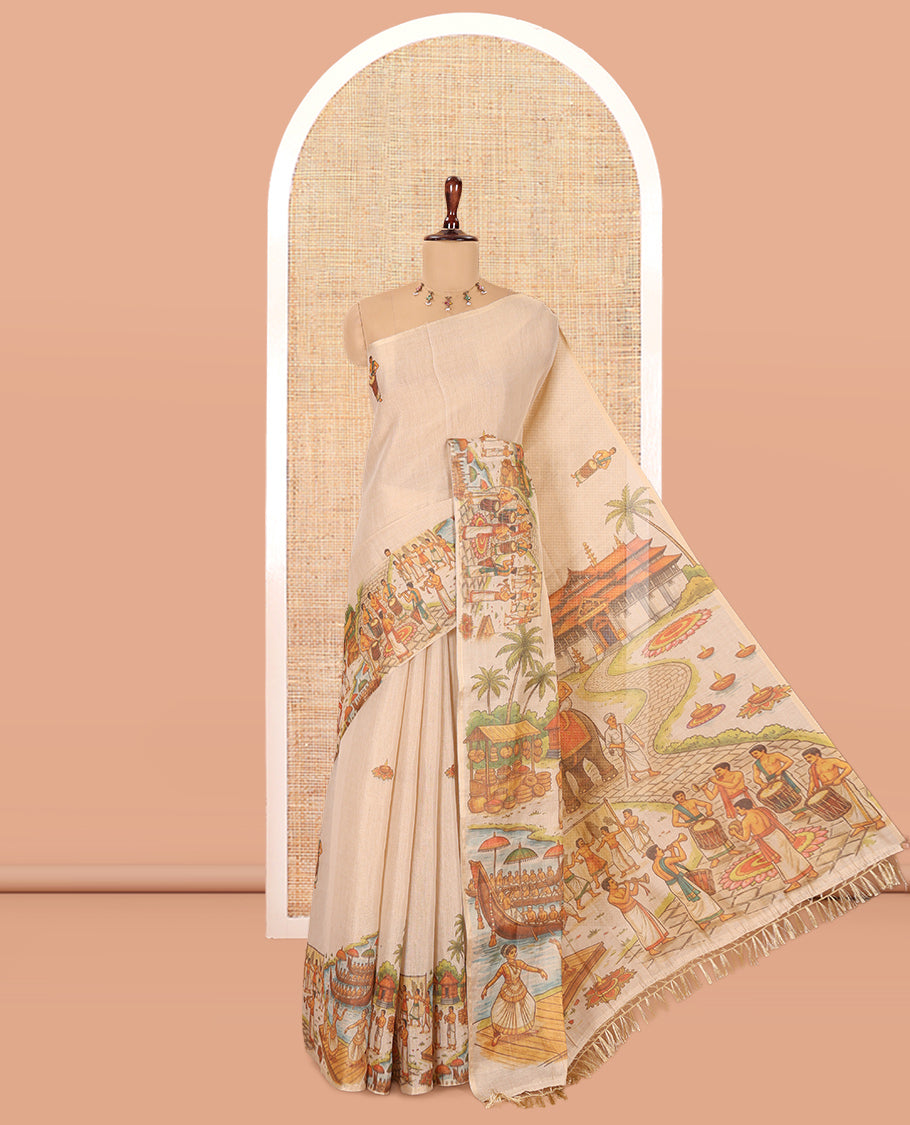 Gold Tissue Saree Features Kerala Culture and People Print, a Zari Border, Kerala-Theme Pallu, and Matching Blouse