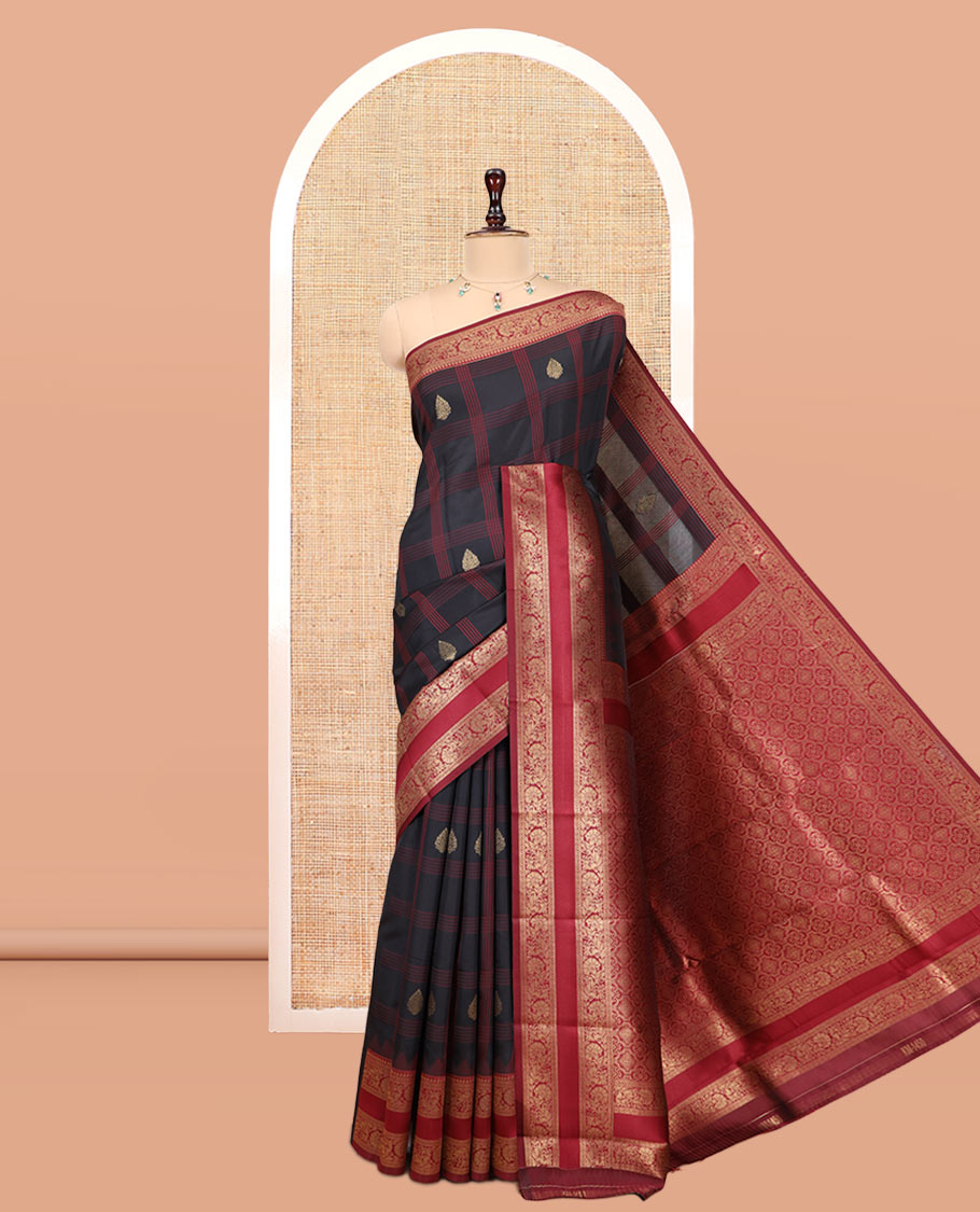 Black Art Kanchi Silk Saree Features Butta Enclosed Checks, a Contrast Temple Rettai Pettu Border, Grand Pallu, and a Contrast Blouse