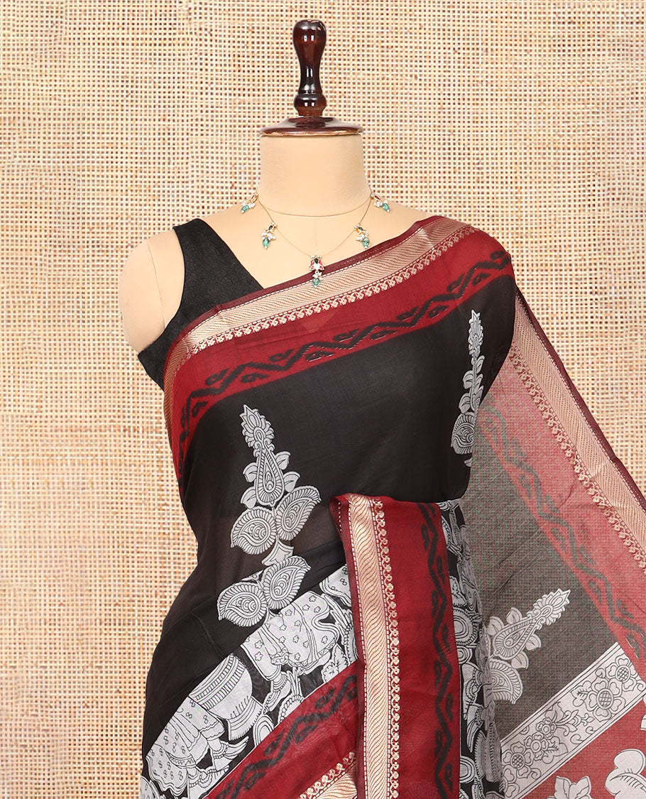Black Chanderi Cotton Saree, Accentuated with Kalamkari Print, a Contrast Zari Border, Kalamkari Pallu, a Contrast Blouse