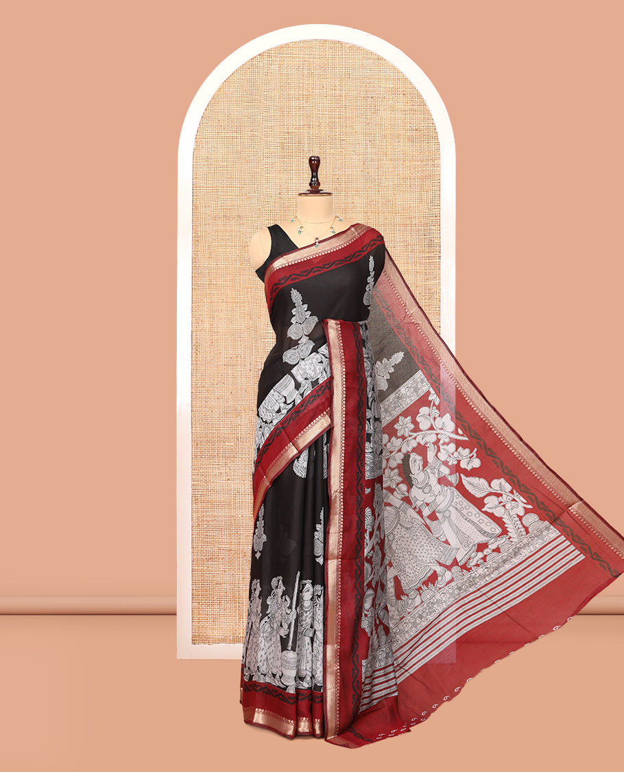 Black Chanderi Cotton Saree, Accentuated with Kalamkari Print, a Contrast Zari Border, Kalamkari Pallu, a Contrast Blouse