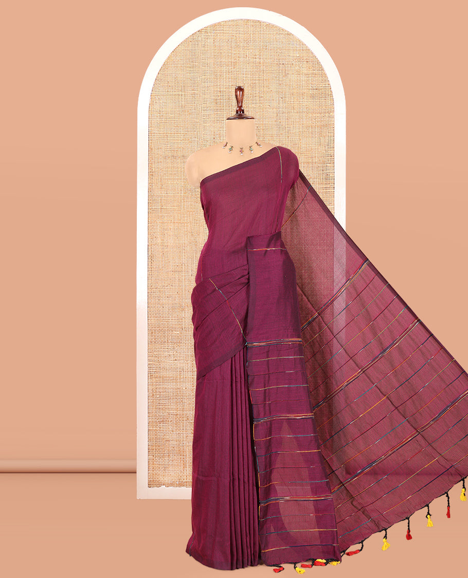 Borderless Magenta Khadi Mul Cotton, Subtly Woven with Multi-Color Stripes, a Self-Pallu and No Blouse