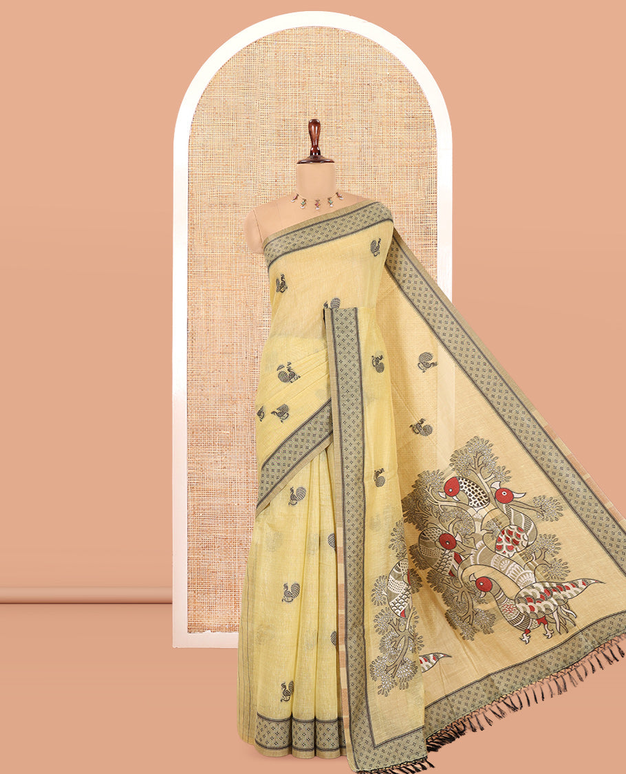 Lime Green Chanderi Cotton Saree, Woven with Peacock Thread Buttas, a Thread Diamond-Patterned Border, a Peacock Pallu, a Contrast Blouse