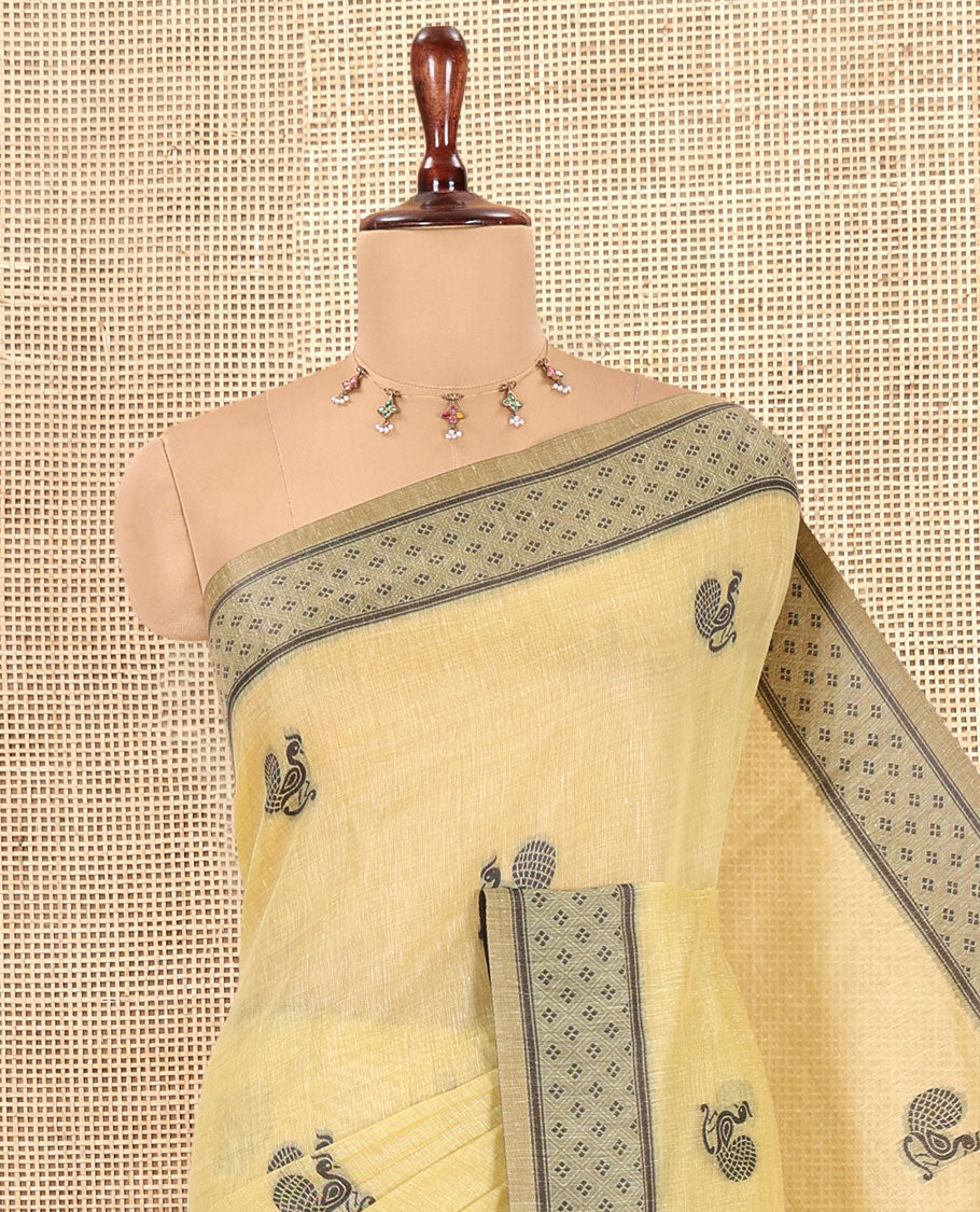Lime Green Chanderi Cotton Saree, Woven with Peacock Thread Buttas, a Thread Diamond-Patterned Border, a Peacock Pallu, a Contrast Blouse