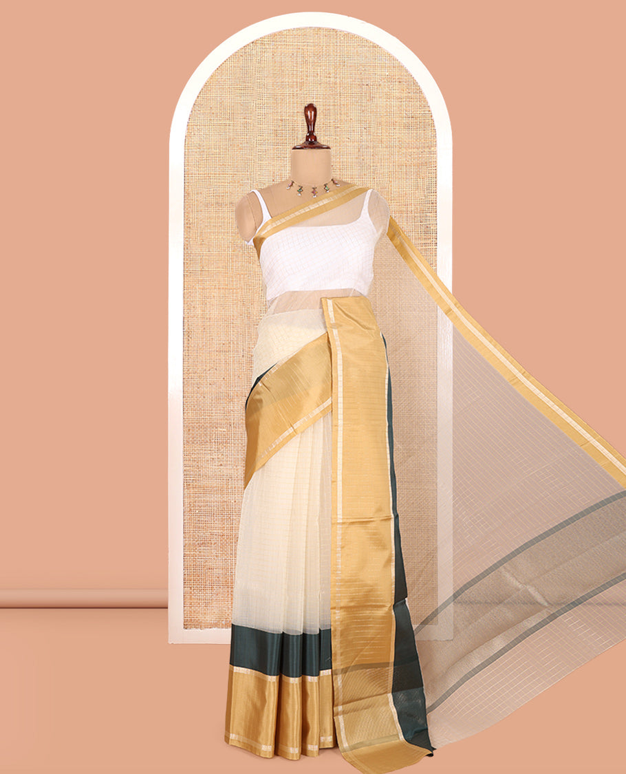 Cream-Green Semi-Organza Saree