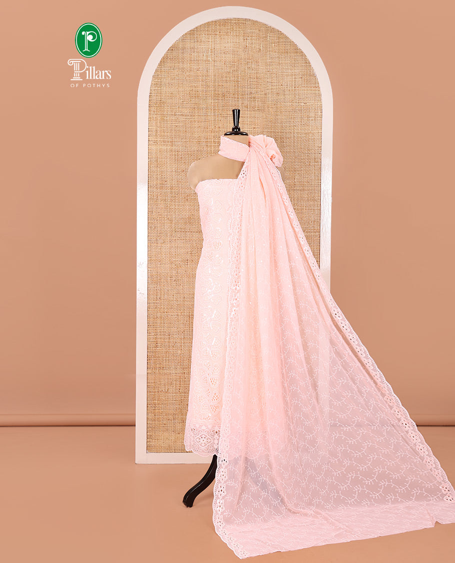 Peach Fox Georgette Material Chudidar Set, Adorned with Cut Work and Sequins Embroidered Top, a Plain American Crepe Bottom, and Comes with a Embroidered Georgette Scallop Dupatta