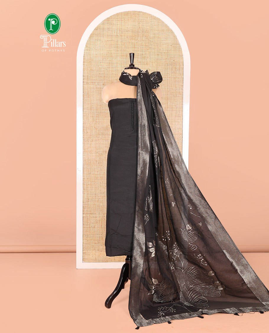 Black Semi-Silk Material Chudidar Set, Adorned with Pom-Pom Necklined Top, a Plain Santoon Bottom, and Paired Floral Zari Woven Semi-Silk Dupatta
