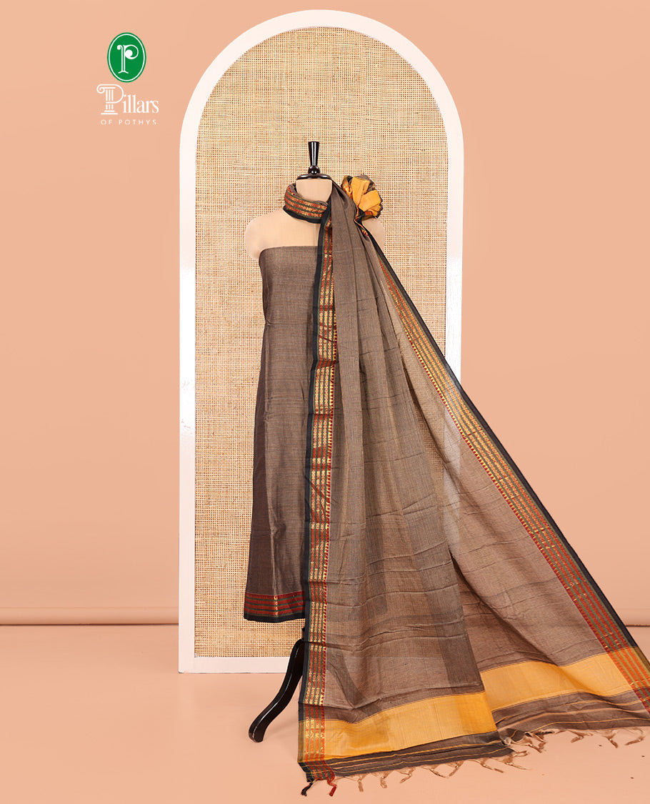 Grey Mercerised Cotton Material Chudidar Set, Adorned with Rudraksham-Temple Bordered Top, a Mercerised Cotton Bottom, and Paired with a Matching Mercerised Cotton Rudraksham-Temple Bordered Dupatta