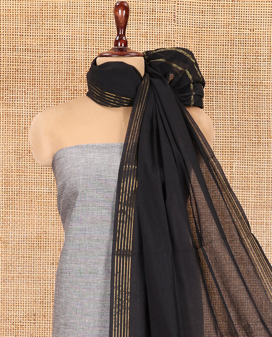 Grey Handloom Material Chudidar, Peacock-Chakram Motifs-Threaded Top, a Contrast Plain Bottom, and a Contrast Dupatta