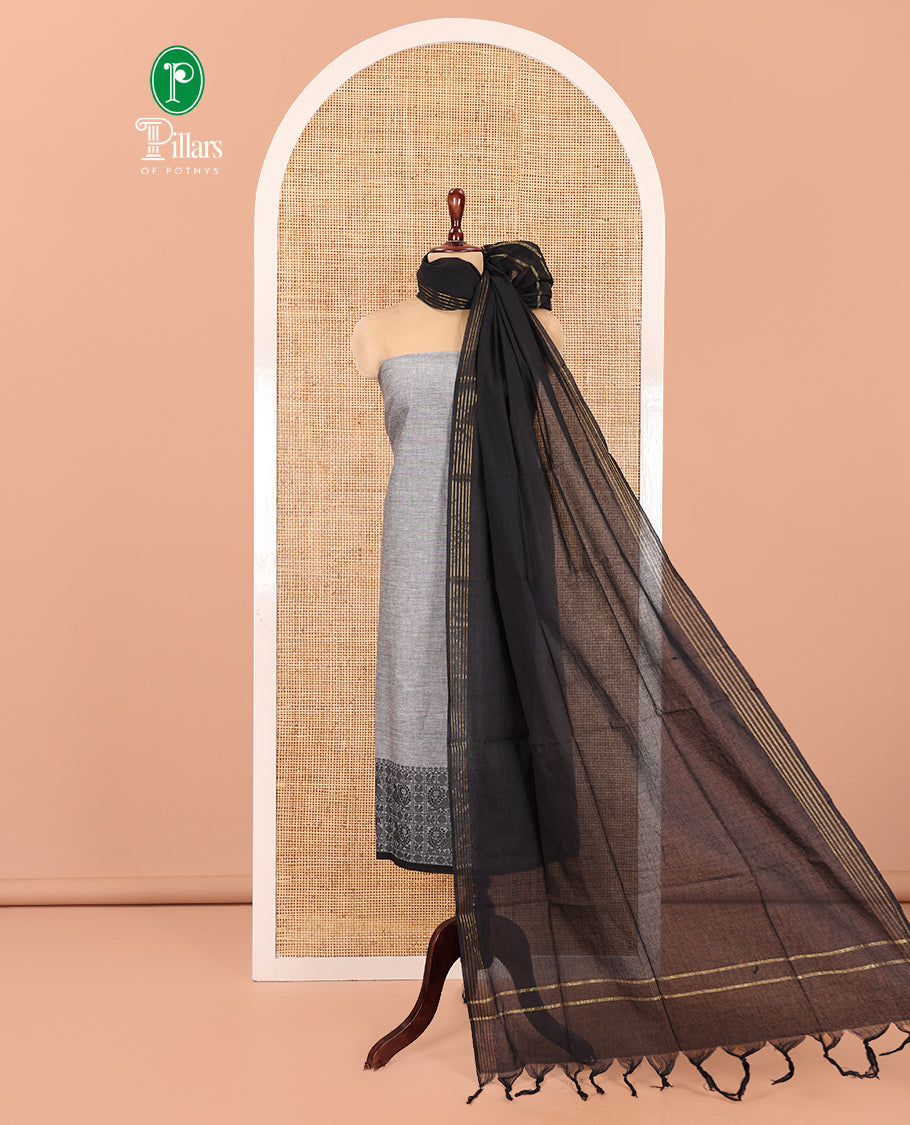 Grey Handloom Material Chudidar, Peacock-Chakram Motifs-Threaded Top, a Contrast Plain Bottom, and a Contrast Dupatta