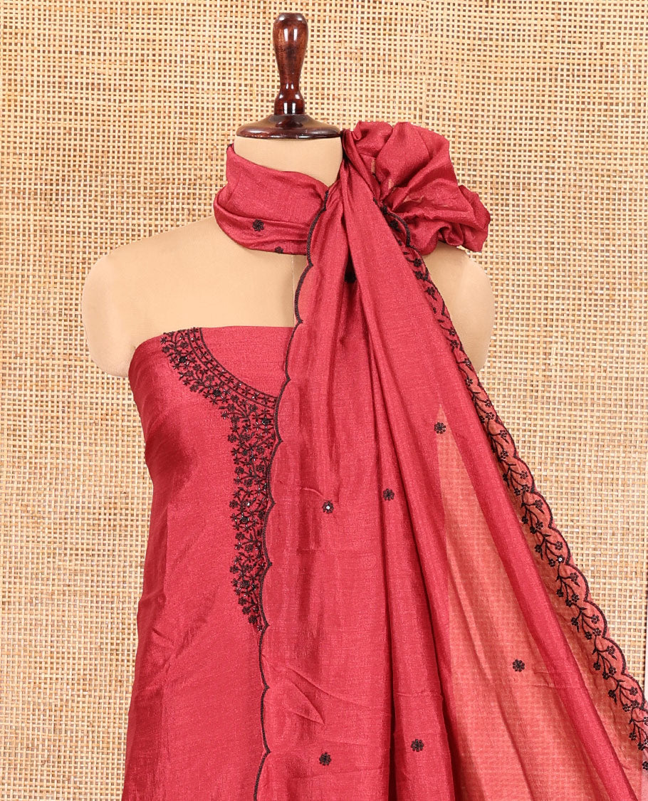 Dark Onion Pink Vichitra Silk Material Chudidar Set, Finely Crafted with Thread Embroidery Top, Matching Bottom, and Thread Work Dupatta