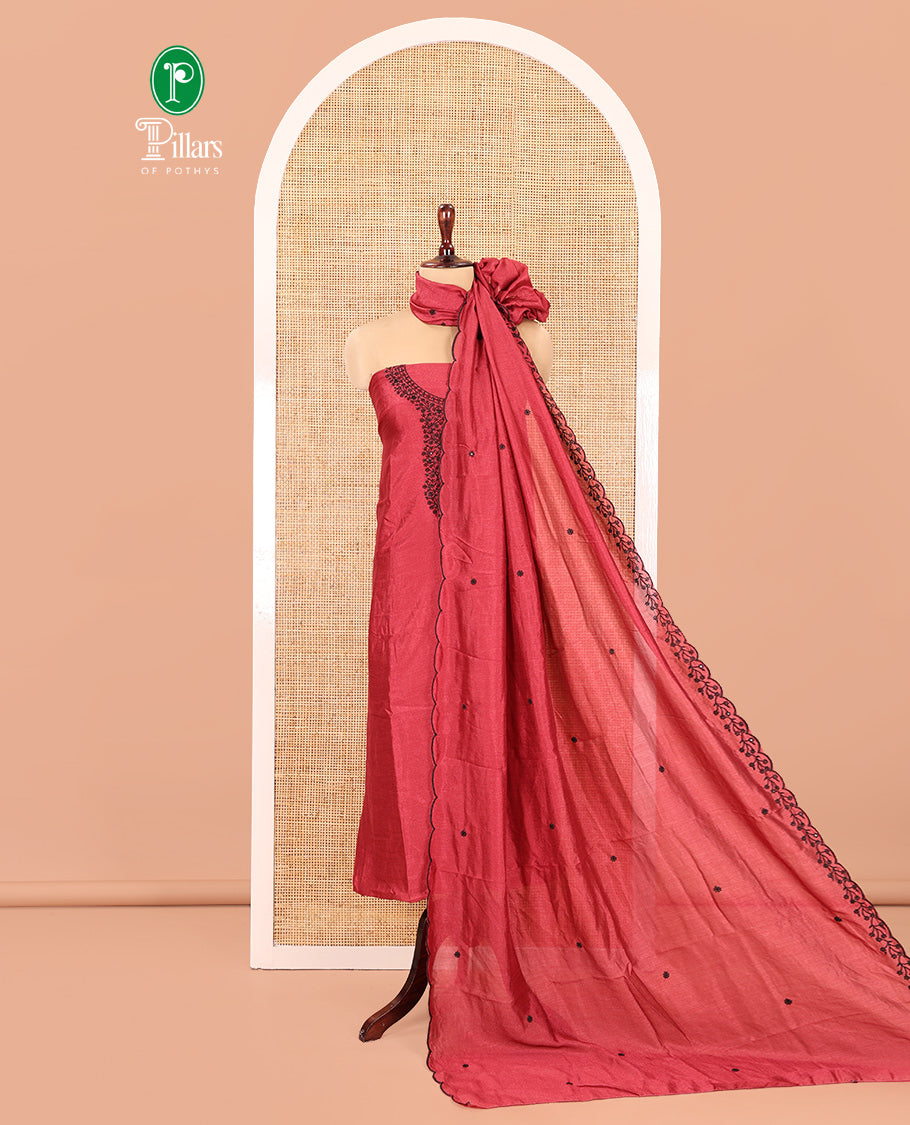 Dark Onion Pink Vichitra Silk Material Chudidar Set, Finely Crafted with Thread Embroidery Top, Matching Bottom, and Thread Work Dupatta