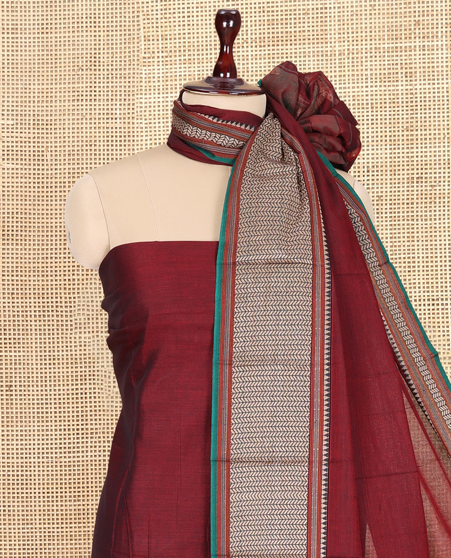Maroon Mercerised Cotton Material Churidar Features Plain Top, Contrast Traditional Thread Border, Plain Bottom, Matching Dupatta