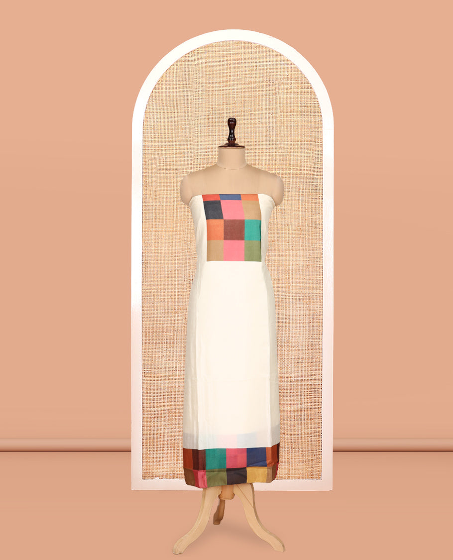 Cream Semi-Silk Material Churidar, Embellished with Multi-Color Checked Top, a Plain Bottom, a Checked Bordered Plain Dupatta