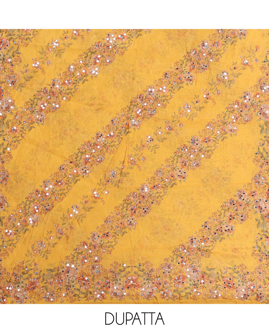 Lemon yellow floral print, stone, mirror work organza chudidhar material top with santoon material pant & floral print, mirror work dupatta