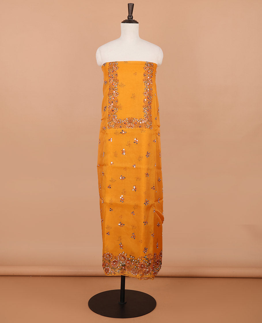 Lemon yellow floral print, stone, mirror work organza chudidhar material top with santoon material pant & floral print, mirror work dupatta