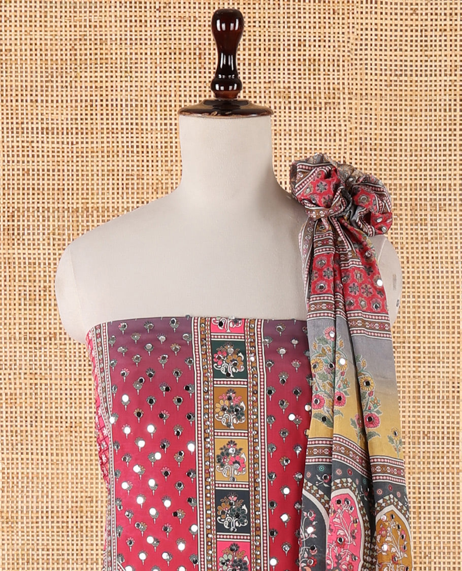 Grey chudidar material set, floral & geometric printed with mirror work crepe top, mughal-style floral printed & mirror work chinon dupatta & plain crepe bottom