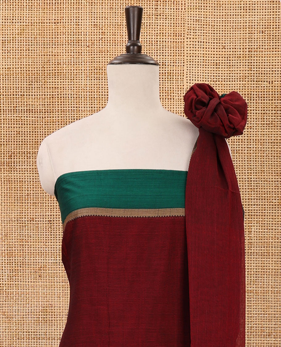 Maroon mercerised cotton material chudidar set, Madhubani-style bride-groom motif woven top, bottom & dupatta